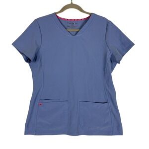 HeartSoul Shirt Womens Medium Blue V Neck Scrub Top Short Sleeve Pockets Stretch